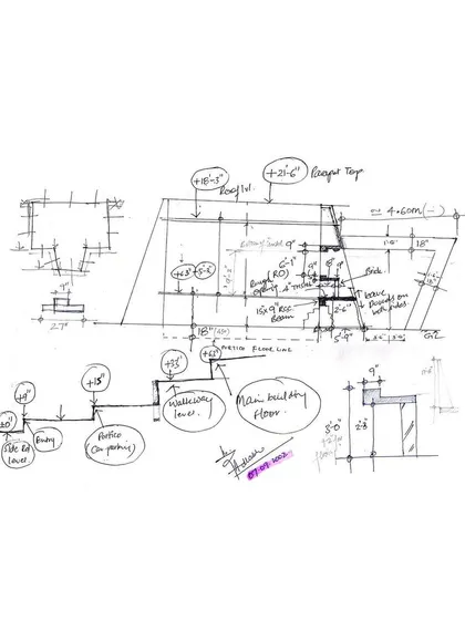 This archival sketch demonstrates the initial thinking behind the project's key architectural features and spatial organization.