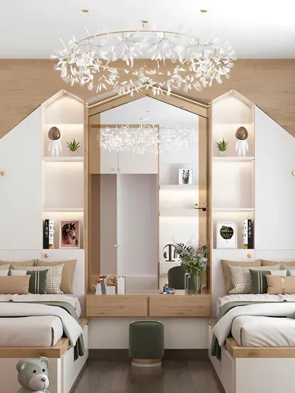 This beautiful twin bedroom features house-shaped shelving and a shared central vanity. The intricate chandelier adds a touch of glamour, making it a truly special room.