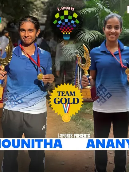 Team Gold. Mounitha and Ananya hold their gold medals and trophies after winning the SGFI-Bangalore North District Inter-College Badminton Tournament.