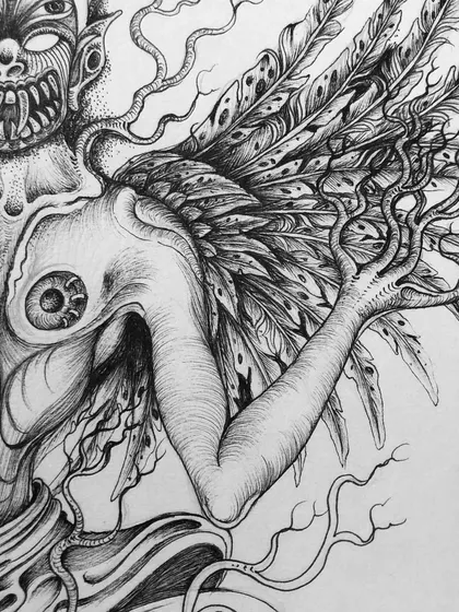 A close-up of the winged surreal creature.