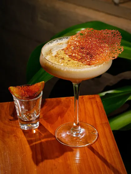 A sophisticated cocktail with an intricate garnish, shot with harsh light and shadow to create a moody, artistic look.