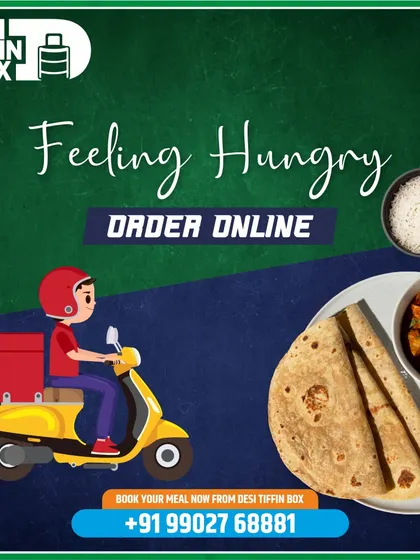 Feeling hungry? You can order online and have a hot meal delivered quickly. This graphic shows my delivery partner on his way to bring a fresh plate of roti, sabji, and rice to a hungry customer.