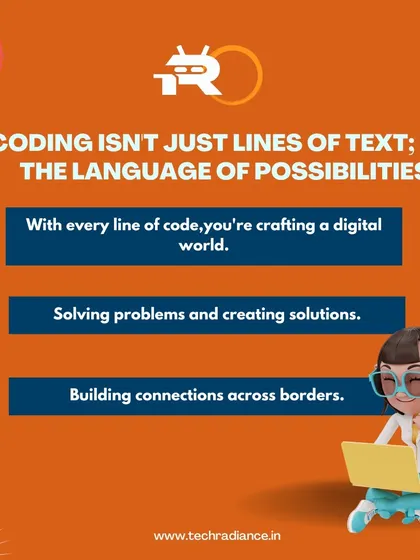 An inspirational graphic stating that coding is the language of possibilities, used for crafting digital worlds and solving problems.