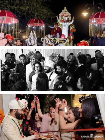 A collage capturing the energy of the Baraat and the groom's welcome at the wedding venue.