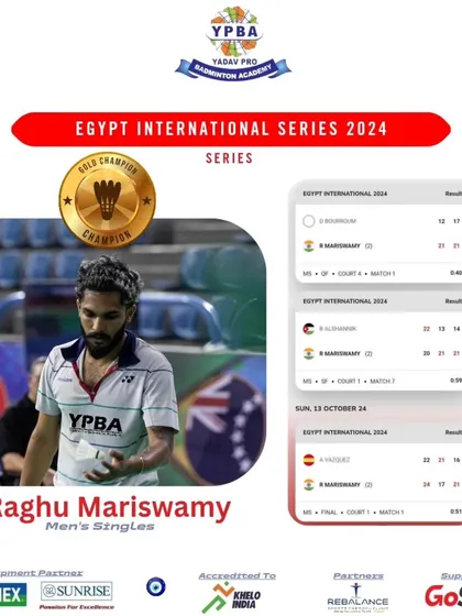 Taking our talent to the global stage. We are incredibly proud of our trainee Raghu Mariswamy for clinching the Gold Medal in Men's Singles at the Egypt International Series 2024, a prestigious BWF tour event.