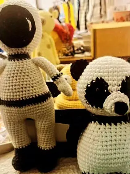 An unlikely pair ready for an adventure. Here’s a crochet astronaut and a panda, showcasing the variety of custom toys I can create. Perfect for storytelling and imaginative play.