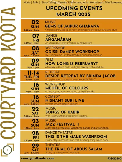 Our detailed event calendar for March 2025, showcasing a packed month of music, dance, workshops, film, comedy, and theatre.