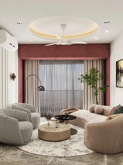 This rendering showcases a proposed neo-classic living room, focusing on curved furniture and a sophisticated color palette. 3D views are essential for understanding the feel and scale of the space.