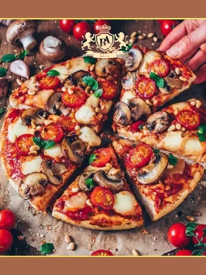 Another look at a gourmet pizza, topped with fresh mushrooms, tomatoes, and mozzarella. I use high-quality ingredients to deliver delicious and satisfying results.
