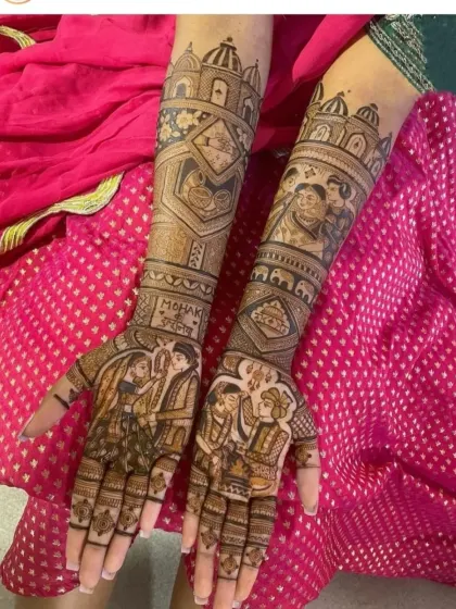 This design is a beautiful family album in henna, with portraits of the couple, their parents, and other important figures.