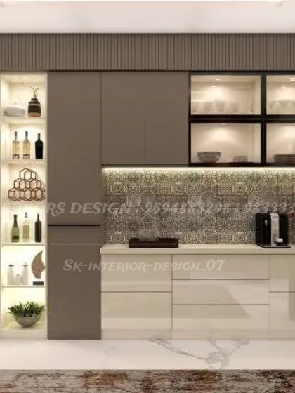 A sophisticated crockery unit combining dark wood tones with a patterned tile backsplash. The open, lit shelves are perfect for displaying wine bottles and decorative objects.