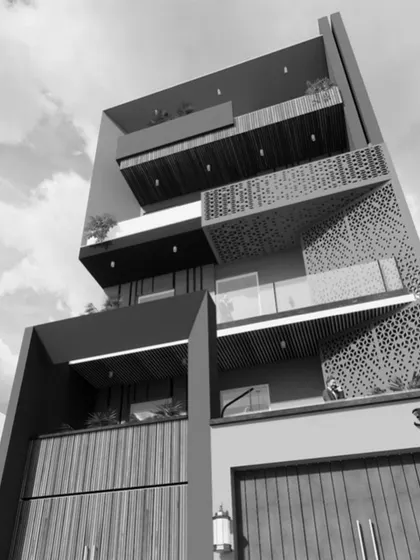 A black and white render exploring a design where minimalism is juxtaposed with textures. The perforated screen becomes a dominant feature, creating intricate patterns of light and shadow.