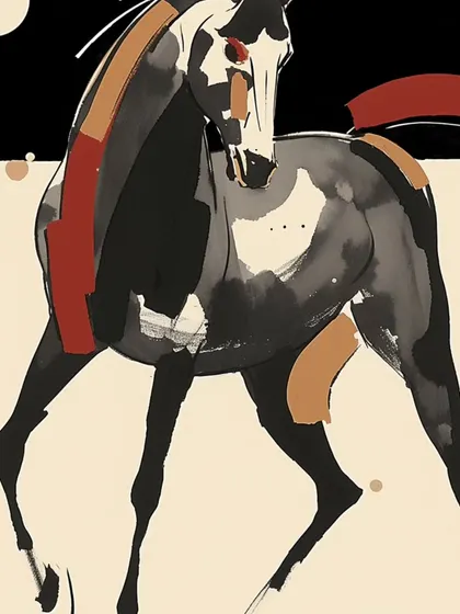 A series of stylized, abstract horse paintings. These artworks use bold lines and fragmented colors to capture the power and grace of the horse, making them a dynamic addition to any modern art collection.