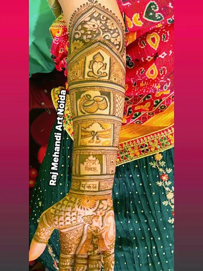 Another view of the bridal forearm panel design. This side features a doli (palanquin) and the names of the bride and groom, Pankaj and Neha, written in Hindi.