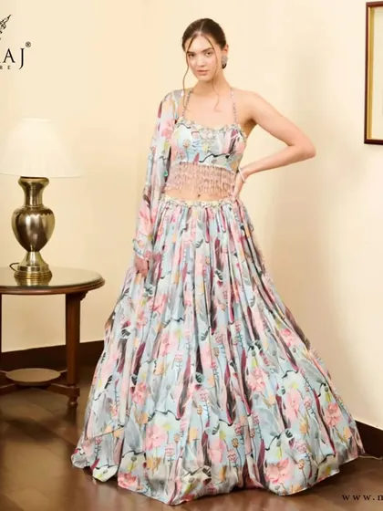A full view of the printed crop top lehenga, a perfect blend of fashion-forward design and glamour.