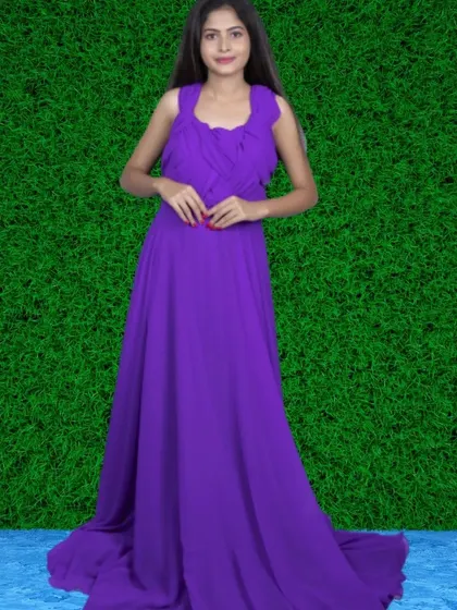 A simple yet elegant sleeveless purple gown with a ruched bodice. Its classic silhouette is flattering and versatile for many different occasions.