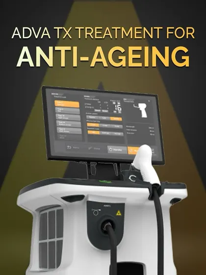 This graphic highlights the ADVA Tx as a premier anti-aging treatment. Its technology is specifically designed to restore skin's smoothness and radiance.