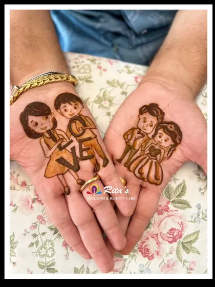 Mehendi is for grooms too! I create personalized and meaningful designs for grooms, like these cute caricatures that represent the couple's story. It's a wonderful way for the groom to be a part of the henna tradition.