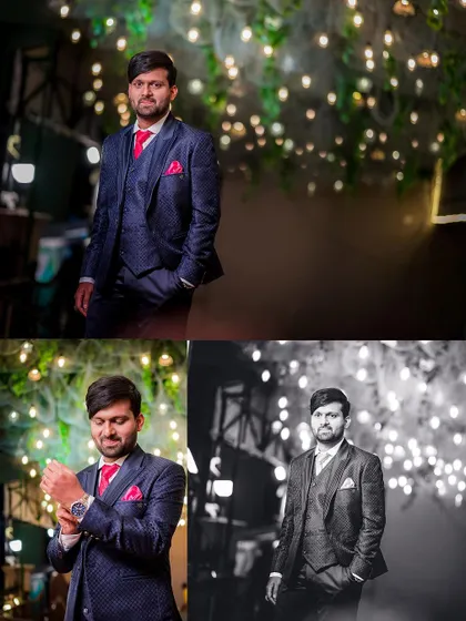 A collage of the groom looking sharp in his reception suit, captured in different poses and lighting.