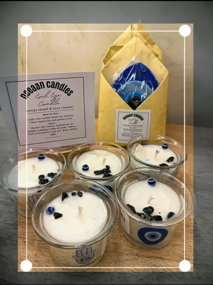 My Evil Eye candles are designed to be your personal energy shield. I craft them with protective elements like black tourmaline and evil eye beads to guard your space from negativity.