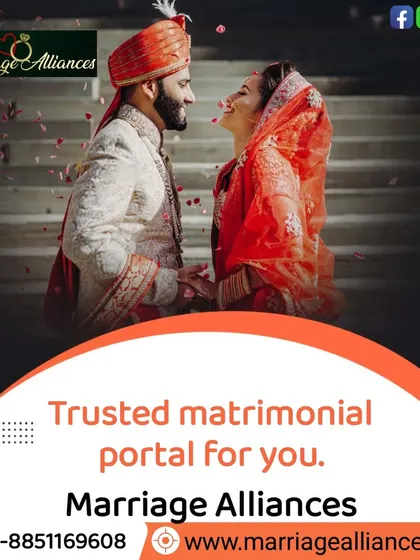 I run a trusted matrimonial portal for you. This image of a happy couple in their wedding attire is a testament to the successful matches I have facilitated.