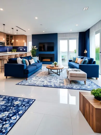 This open-plan living area uses a deep blue accent wall and matching sofas to create a bold statement. The wooden furniture and patterned rugs add warmth and texture.