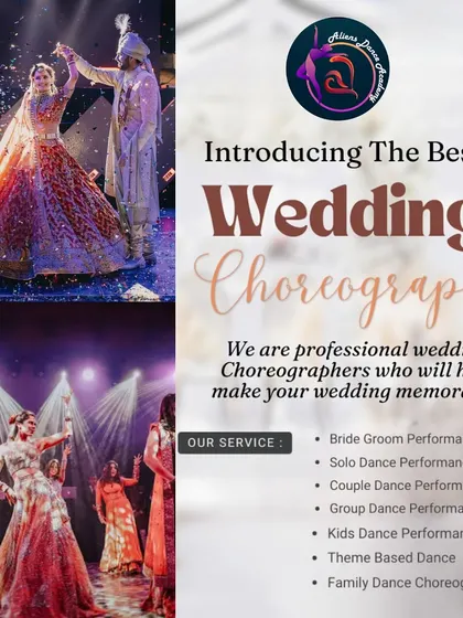 We specialize in turning your wedding events into unforgettable dance spectacles. This collage captures the essence of our work, showcasing a romantic couple performance, a high-energy group sangeet act, and a clear overview of the services we offer to make your celebration memorable.