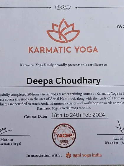 My official 50-hour Aerial Yoga Teacher Training certificate from Karmatic Yoga. This certification covers the study of the aerial hammock and human anatomy, ensuring I can lead classes and workshops with the highest standard of safety.