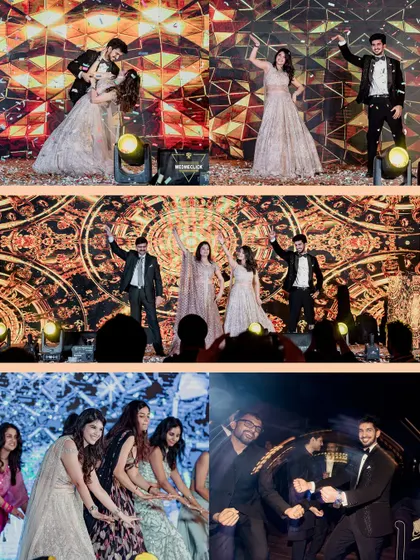 A collage showcasing the fun and energy of the sangeet night, with group dance performances and playful moments.