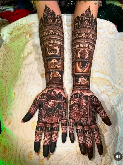 A regal design featuring portraits of a king and queen on the palms, with architectural and symbolic elements running up the arms.