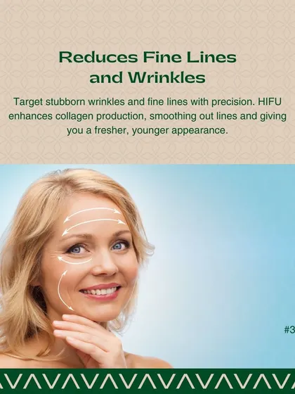 This visual illustrates how HIFU targets and reduces fine lines and wrinkles. By enhancing collagen production, the treatment smoothes out lines on the forehead and around the eyes for a fresher appearance.