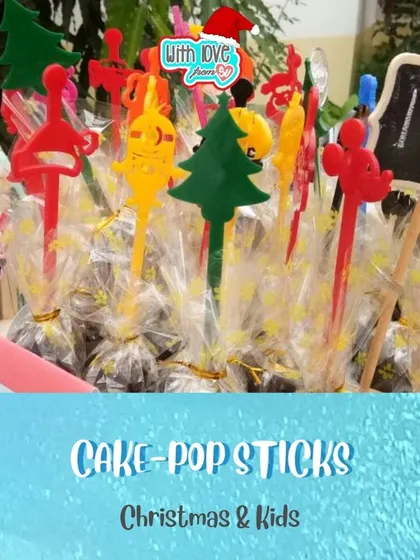 Let's make treats more fun. These are my custom acrylic cake-pop sticks, shown here in Christmas and kids' character themes. They are reusable and can even double up as quirky drink stirrers after the cake pops are gone.