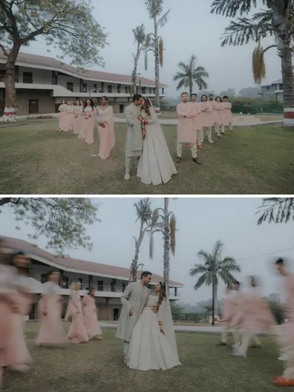 A creative long exposure shot where the bridesmaids and groomsmen become a blur of motion around the still and focused couple, symbolizing that they are the center of this world.