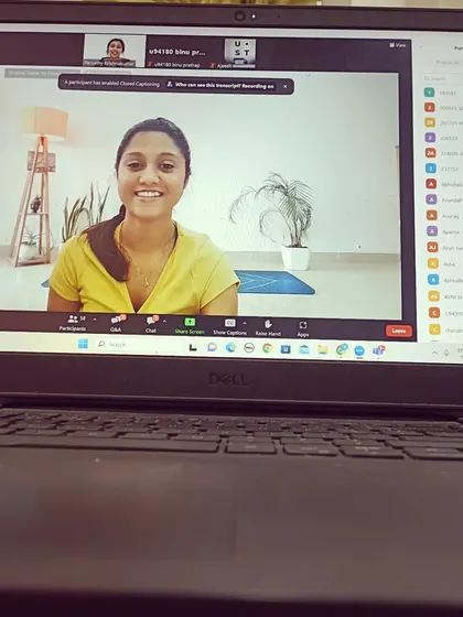 I offer live, interactive yoga classes online for individuals and corporate teams. This screenshot from a session with UST shows how we can connect and practice together, no matter where you are located.