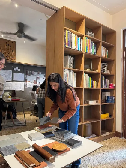 Nik is back in the Mumbai studio from Dubai, sorting through material samples. These visits are always special, allowing us to reconnect with the team and catch up on projects in person.