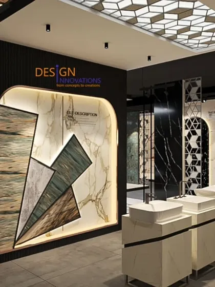 A glimpse into the Hindware Italian Collection showroom, where we displayed tile and material samples in an artistic, back-lit arch. This approach turns functional samples into a design feature, highlighting the quality of the materials.
