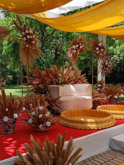 A chic and modern Haldi setup using dried pampas grass and florals. The combination of earthy tones with a red carpet and yellow drapes creates a unique boho-inspired look.