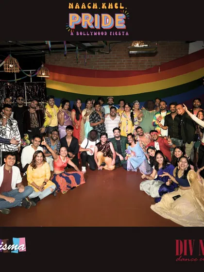 The whole gang! A group photo capturing the incredible energy and turnout for our 'Naach.Khel.Pride' celebration.