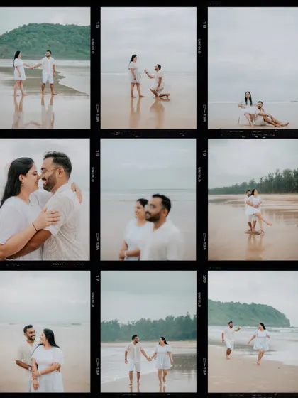 A grid of nine photos from a beach pre-wedding shoot, showing a variety of poses from playful to romantic.