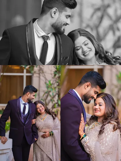 A collage of black and white and color portraits from a reception, capturing the couple's loving and happy moments.
