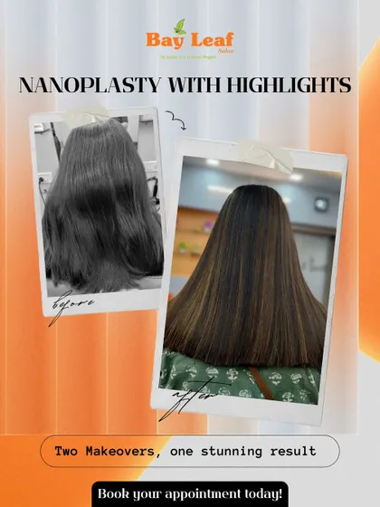 Here we combined two makeovers into one stunning result. Our Nanoplasty treatment provides a smooth, sleek base, while fresh highlights add dimension and depth for a complete hair transformation.