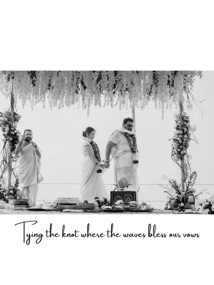 "Tying the knot where the waves bless our vows." This black and white shot from a beachside South Indian wedding adds a timeless, artistic feel to the sacred ceremony.