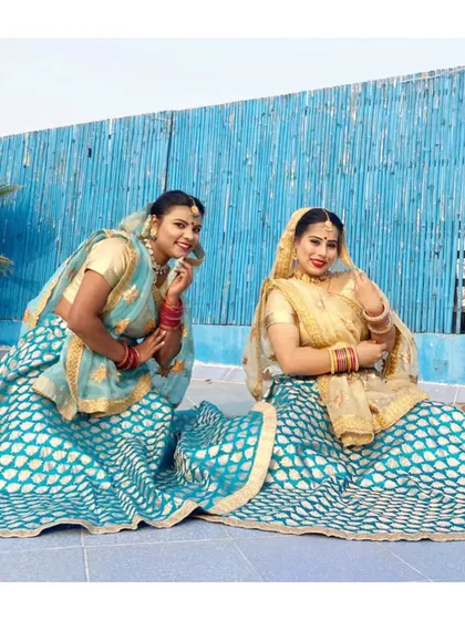 Two of our dancers in traditional Rajasthani attire, ready for a performance. We provide skilled artists who bring life to cultural and wedding events.