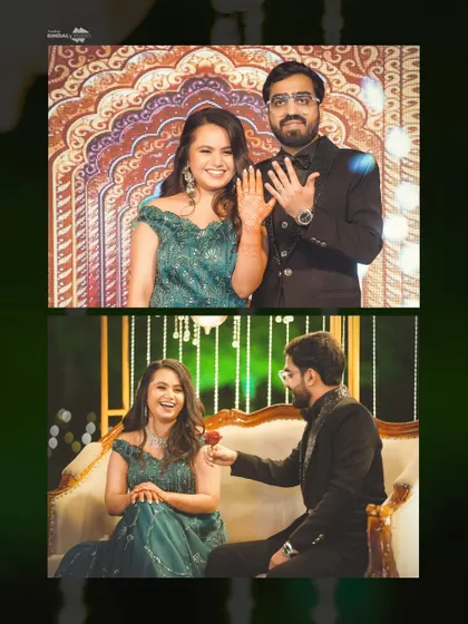 The moment they got engaged. This collage shows the couple proudly displaying their rings and a romantic moment with the groom offering a rose.