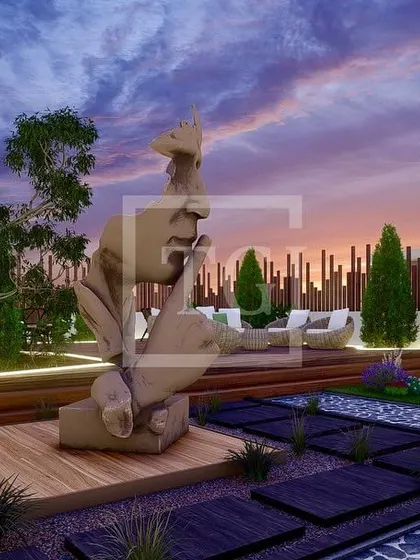 A unique design element for the Noida project, this render showcases a pebble-filled water feature with an abstract sculpture and carefully selected trees.