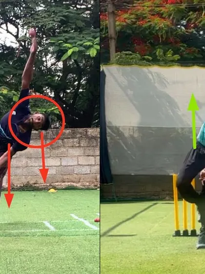 A clear demonstration of correcting a complete body collapse. The 'after' image shows a strong, upright body position at release, which is essential for both performance and injury prevention.