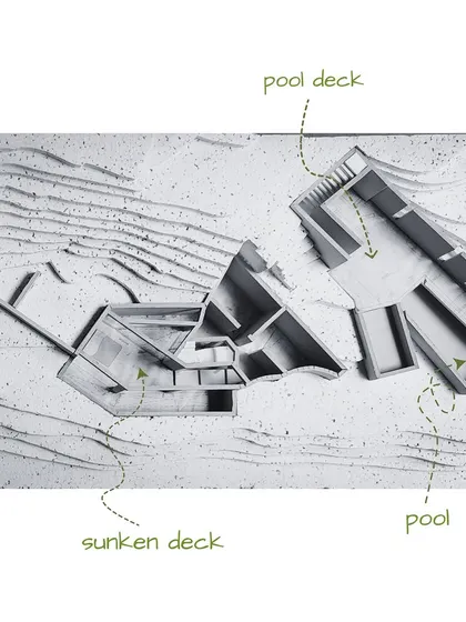 This annotated model for a hillside home clearly shows the different outdoor zones. We designed a sunken deck and a separate pool deck, creating varied spaces for relaxation that are integrated into the terraced landscape.