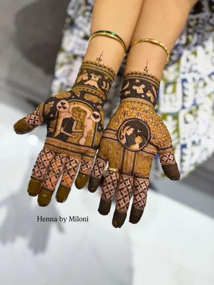 Mehendi isn't just for weddings. Here is a beautiful and personalized design I created for a baby shower, featuring sweet moments and symbols to celebrate the mother to be.