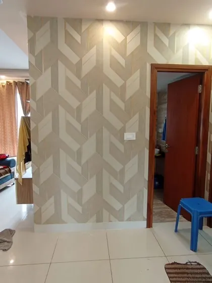 A view of the chevron wallpaper in the living area.