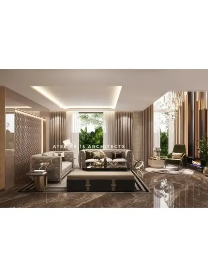 A render of a residential project in New Delhi, showcasing a living area with rich textures and a dark, moody palette. The design features brown marble flooring, a tufted sofa, and intricate wall paneling.